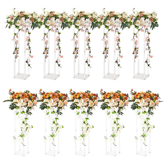 Set of acrylic wedding flower stands with elegant white and orange floral arrangements for wedding decor