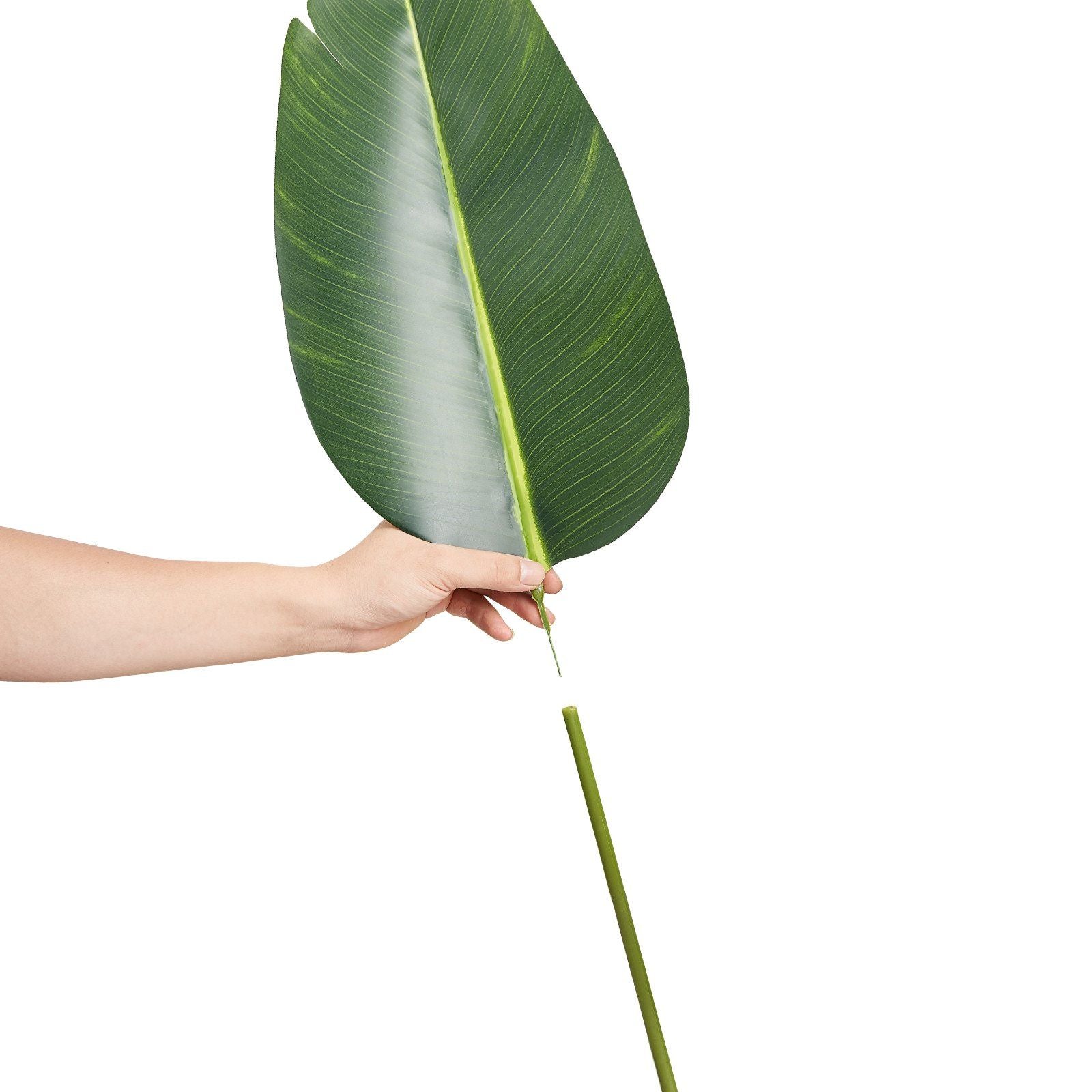 Hand holding large green leaf and separate stem of artificial birds of paradise tree from FauxMart.com