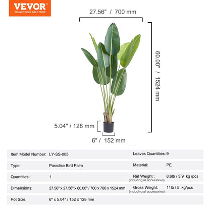 Artificial birds of paradise tree with green leaves in black pot, 60 inches tall and 27.56 inches wide