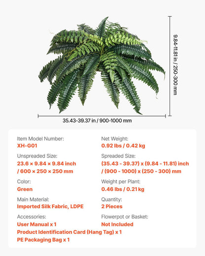 Artificial Boston fern set with lush green leaves and realistic texture measuring up to 39 inches wide