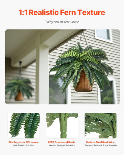 Artificial Boston fern set with realistic silk polyester leaves hanging in woven basket outdoors