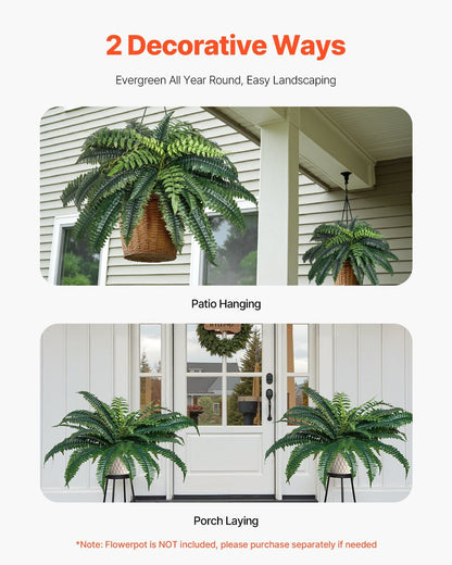 Artificial Boston fern set displayed in patio hanging baskets and on porch stands for year-round evergreen decor