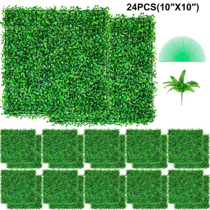 Set of 24 artificial boxwood hedge panels 10 by 10 inches with lush green leaves for decorative privacy walls