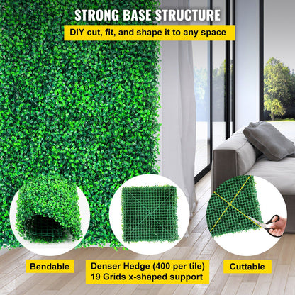 Artificial boxwood hedge panels showing dense green foliage with bendable and cuttable features for customizable DIY wall coverage
