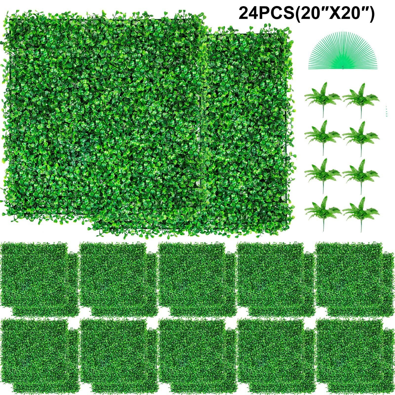 Pack of 24 artificial boxwood hedge panels 20 by 20 inches with dense green leaves for privacy and decoration