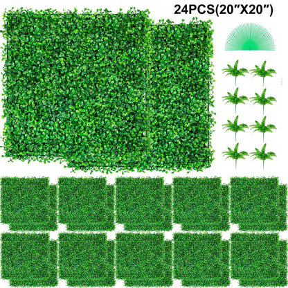 Pack of 24 artificial boxwood hedge panels 20 by 20 inches with dense green leaves for privacy and decoration