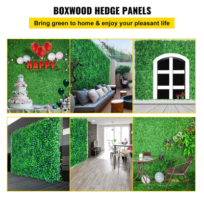Artificial boxwood hedge panels used as vibrant green wall decor in indoor and outdoor spaces