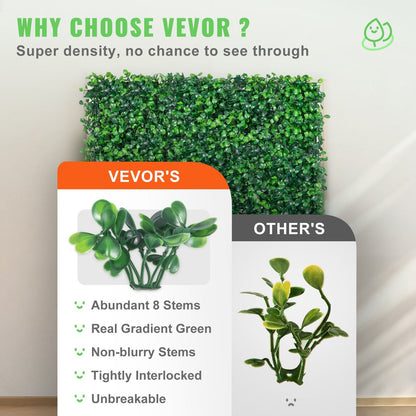 Dense artificial boxwood hedge panels with abundant green stems and tightly interlocked design