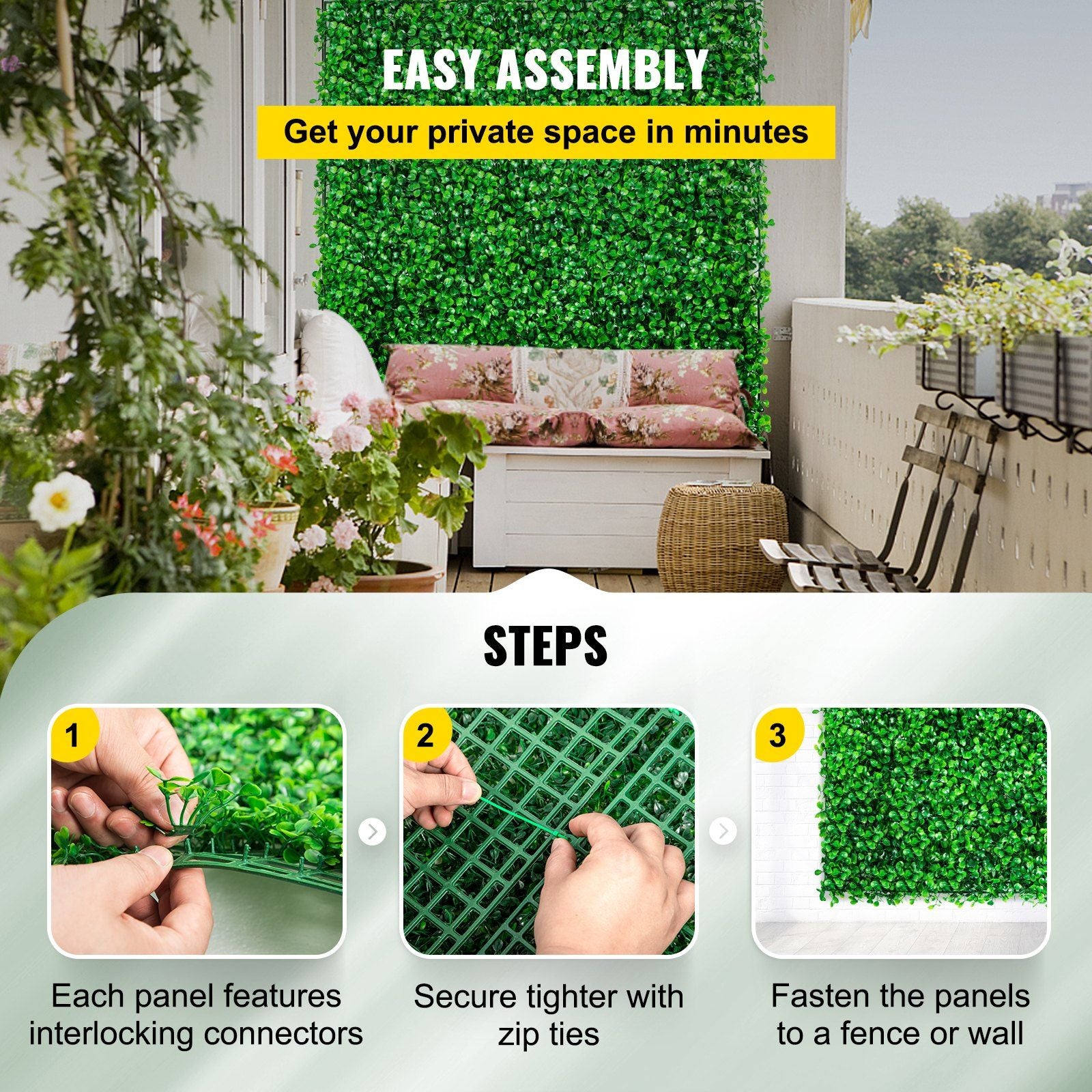 Easy assembly of artificial boxwood hedge panels with interlocking connectors and zip ties on balcony wall
