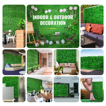 Artificial boxwood hedge panels used for indoor and outdoor decoration in various seating and garden areas
