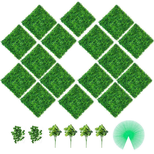 FauxMart.com artificial boxwood hedge panels arranged with green foliage accessories for decorative use