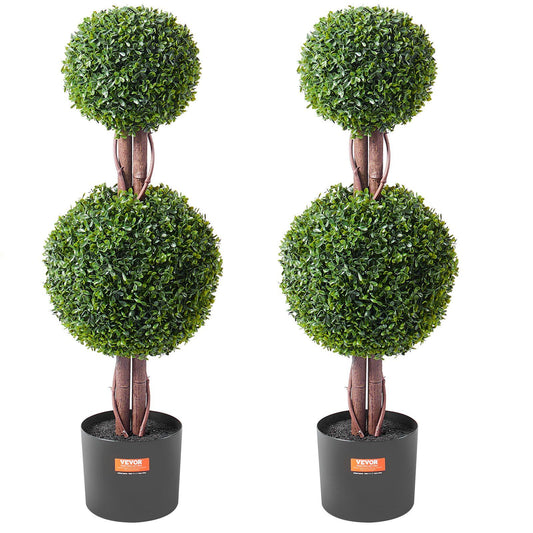 Pair of artificial boxwood topiary tree with two green spherical foliage clusters in black pots