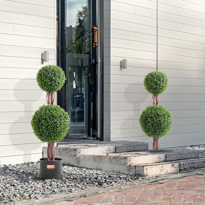 FauxMart.com artificial boxwood topiary tree with double green ball design in black planter outdoors