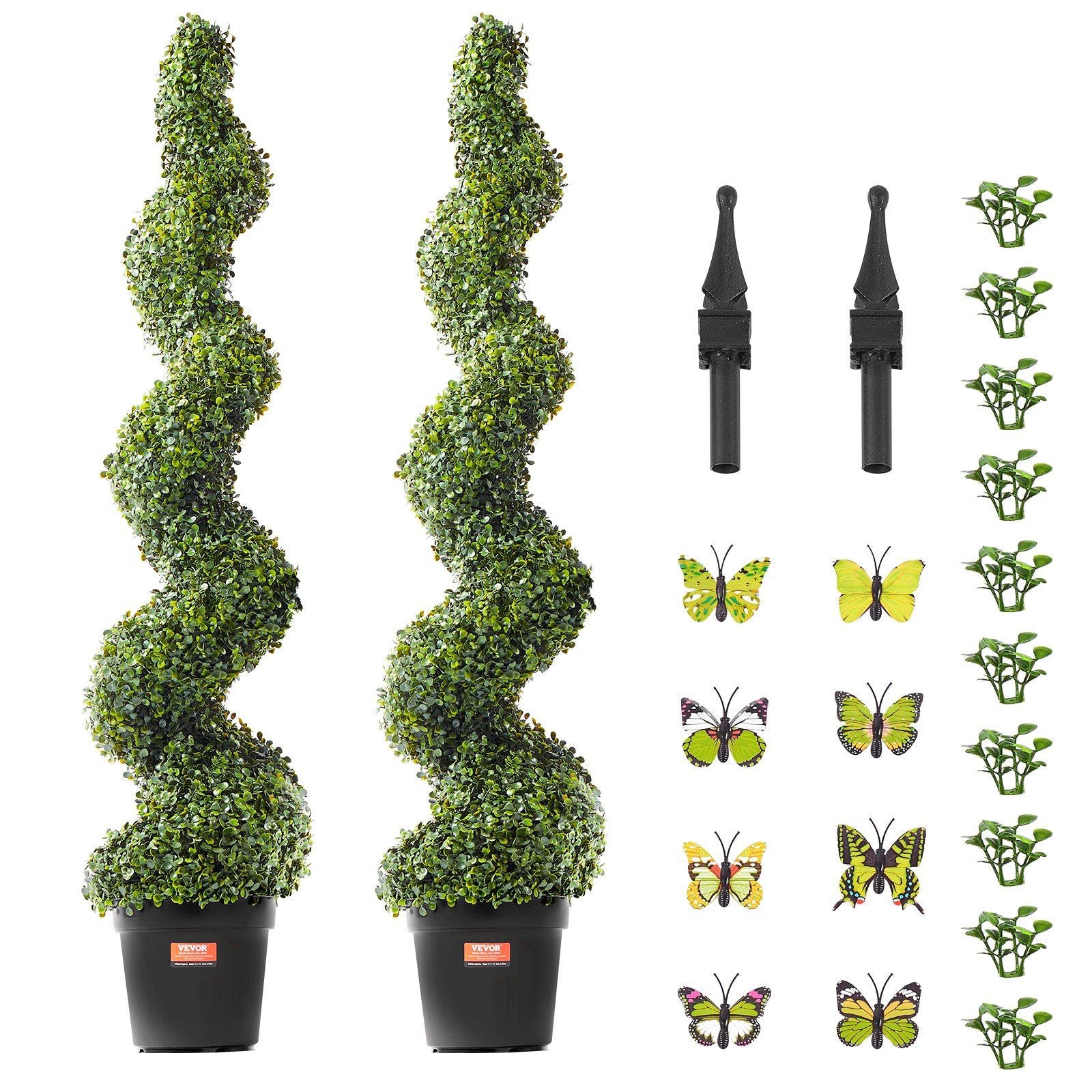 Artificial boxwood topiary tree set with two spiral trees in black pots and decorative butterfly clips