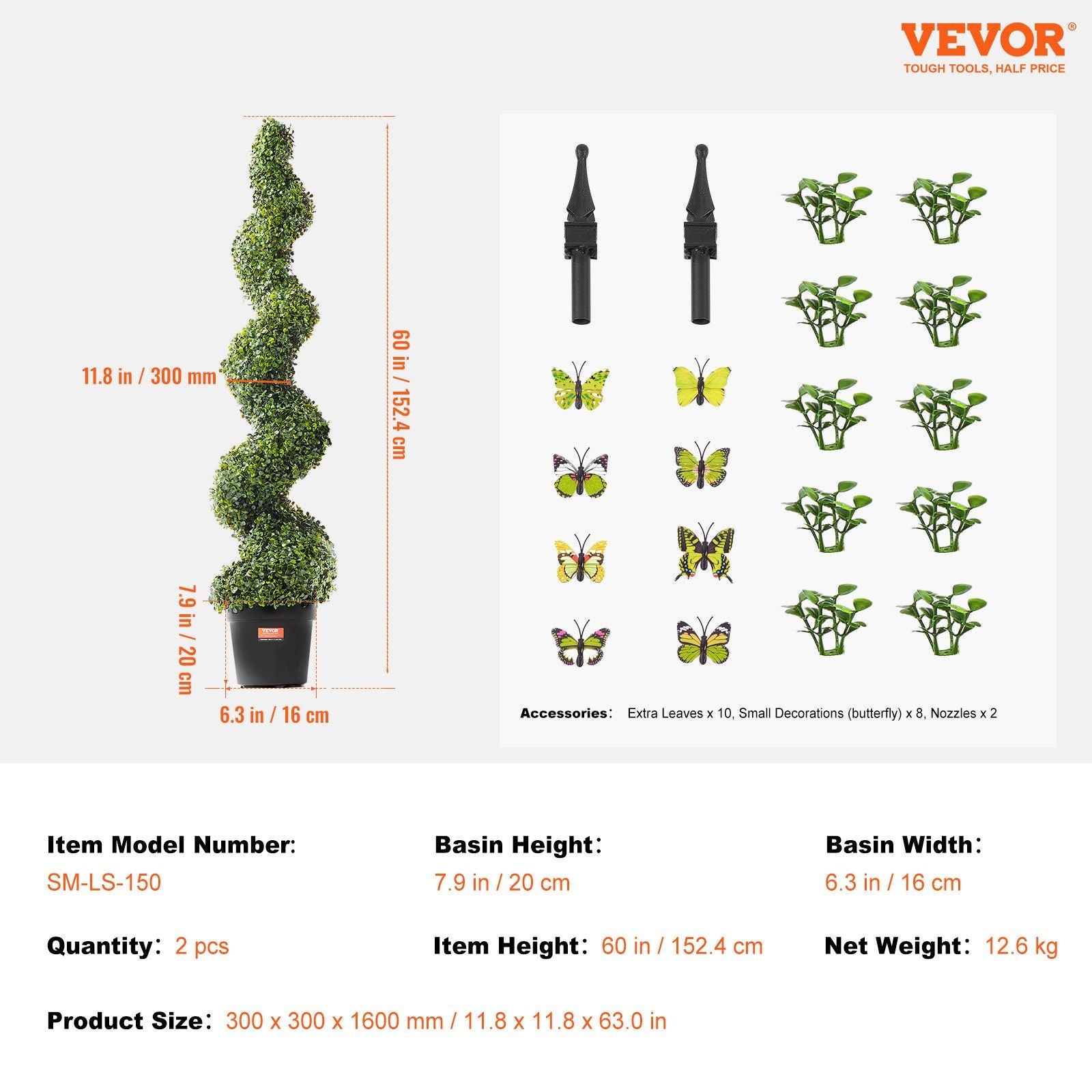 Artificial boxwood topiary tree set with spiral design, butterfly decorations, and green foliage accessories