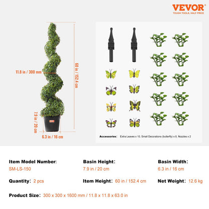 Artificial boxwood topiary tree set with spiral design, butterfly decorations, and green foliage accessories