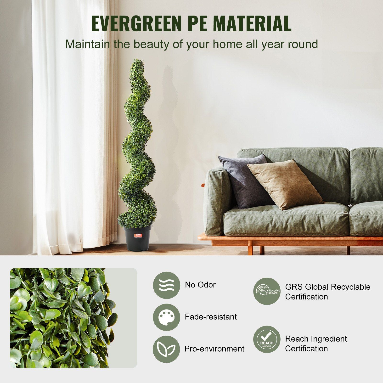 Artificial boxwood topiary tree set with spiral design in pot beside green couch in living room