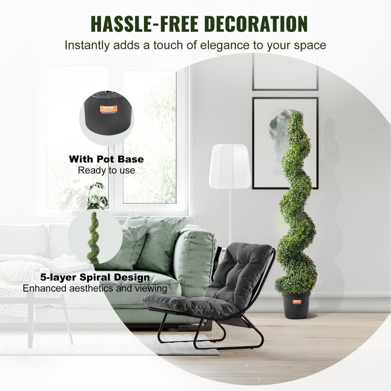Artificial boxwood topiary tree set with 5-layer spiral design and pot base in modern living room