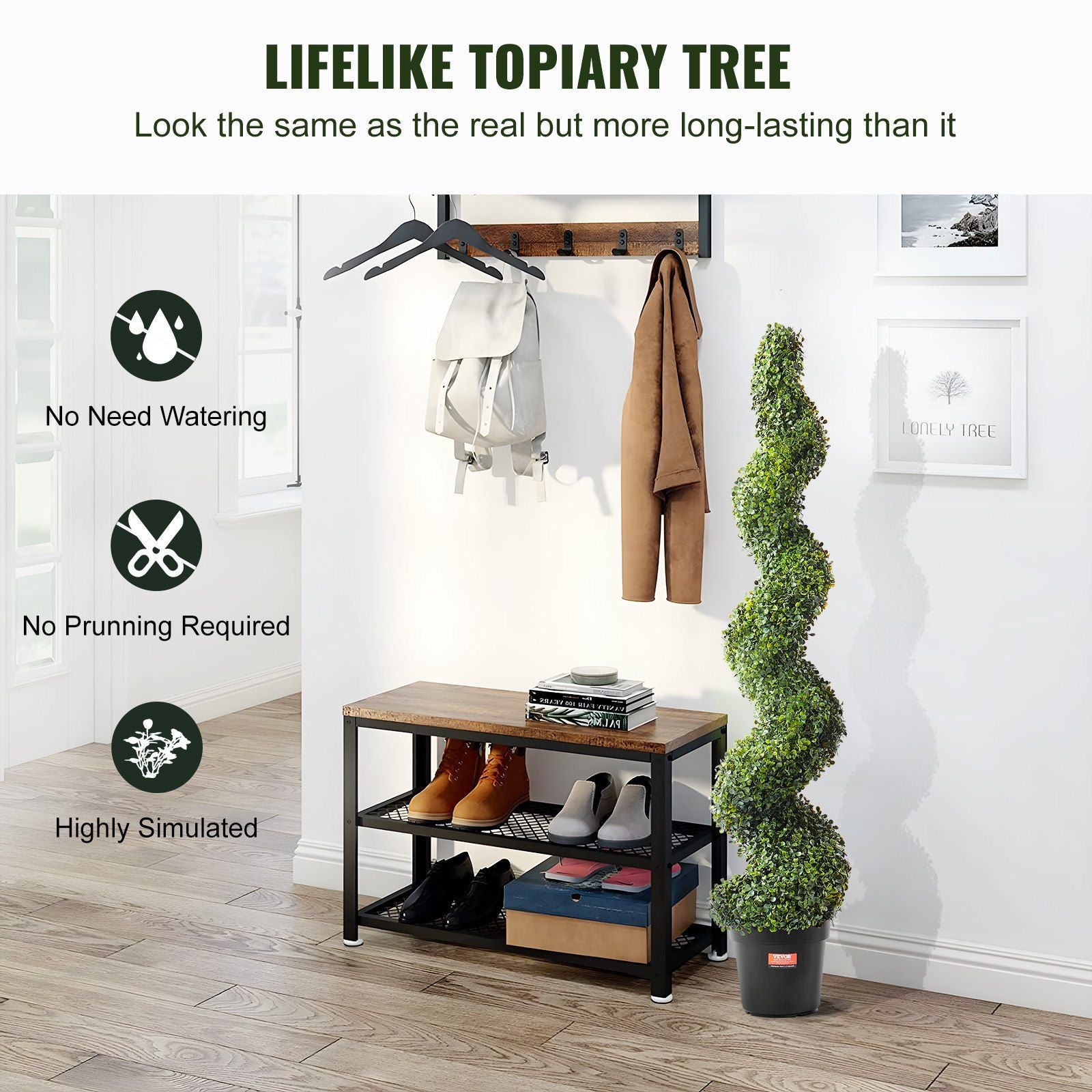 Artificial boxwood topiary tree set with spiral design in black pot by FauxMart.com in modern entryway