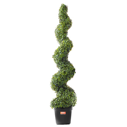 Tall artificial boxwood topiary tree set with spiral design in black planter from FauxMart.com