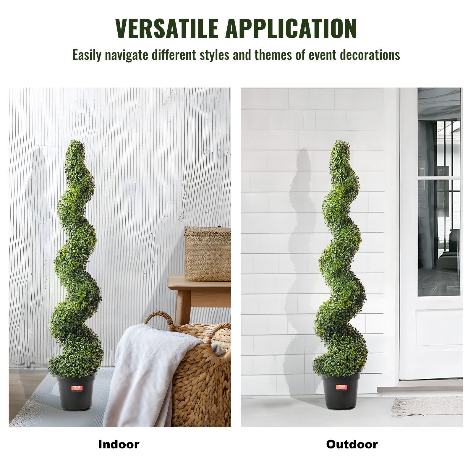 Artificial boxwood topiary tree set with spiral design in black pots shown in indoor and outdoor settings