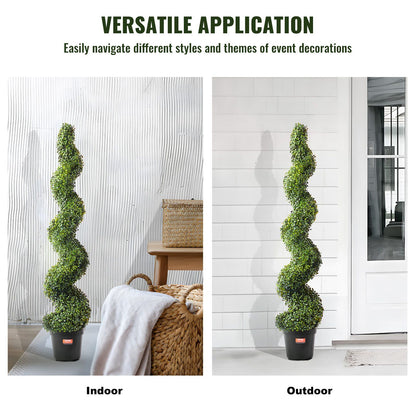 Artificial boxwood topiary tree set with spiral design in black pots shown in indoor and outdoor settings
