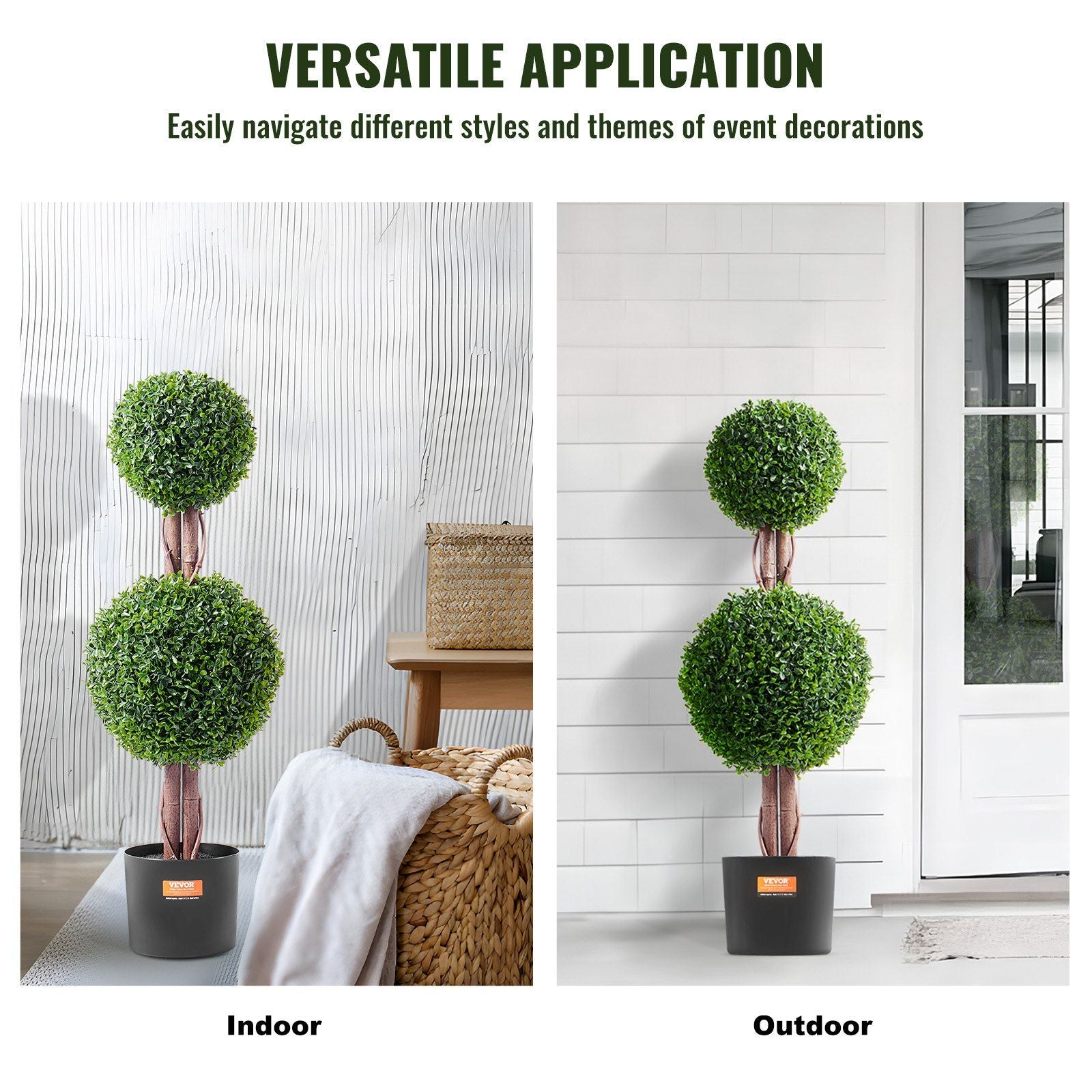 Artificial boxwood topiary tree with double green spheres in black pot shown for indoor and outdoor use