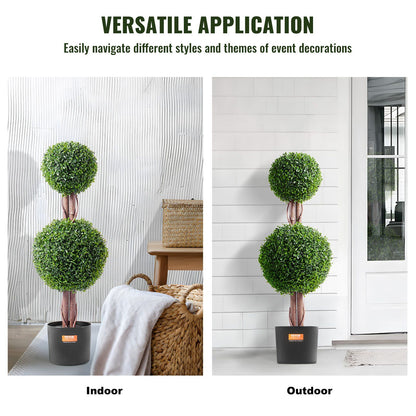 Artificial boxwood topiary tree with double green spheres in black pot shown for indoor and outdoor use