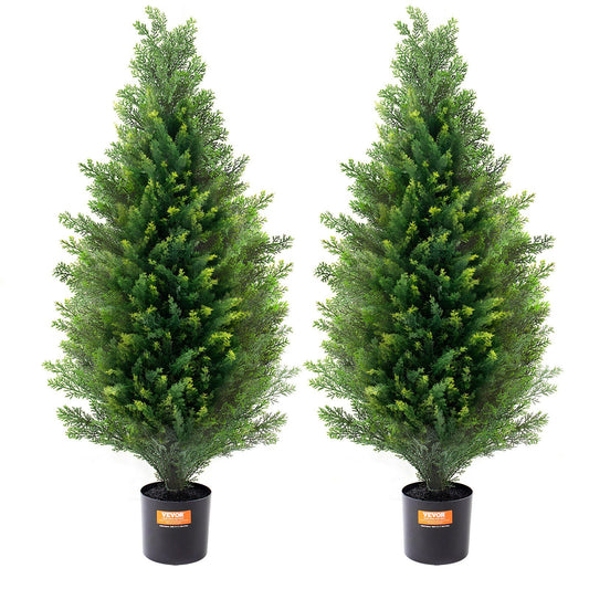 Pair of artificial cedar topiary trees in black pots perfect for indoor and outdoor decoration