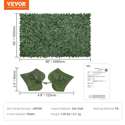 Artificial ivy privacy fence panel with silk cloth leaves and plastic frame measuring 59 by 98 inches