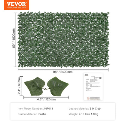 Vevor artificial ivy privacy fence panel measuring 59 by 98 inches with silk cloth leaves and plastic frame