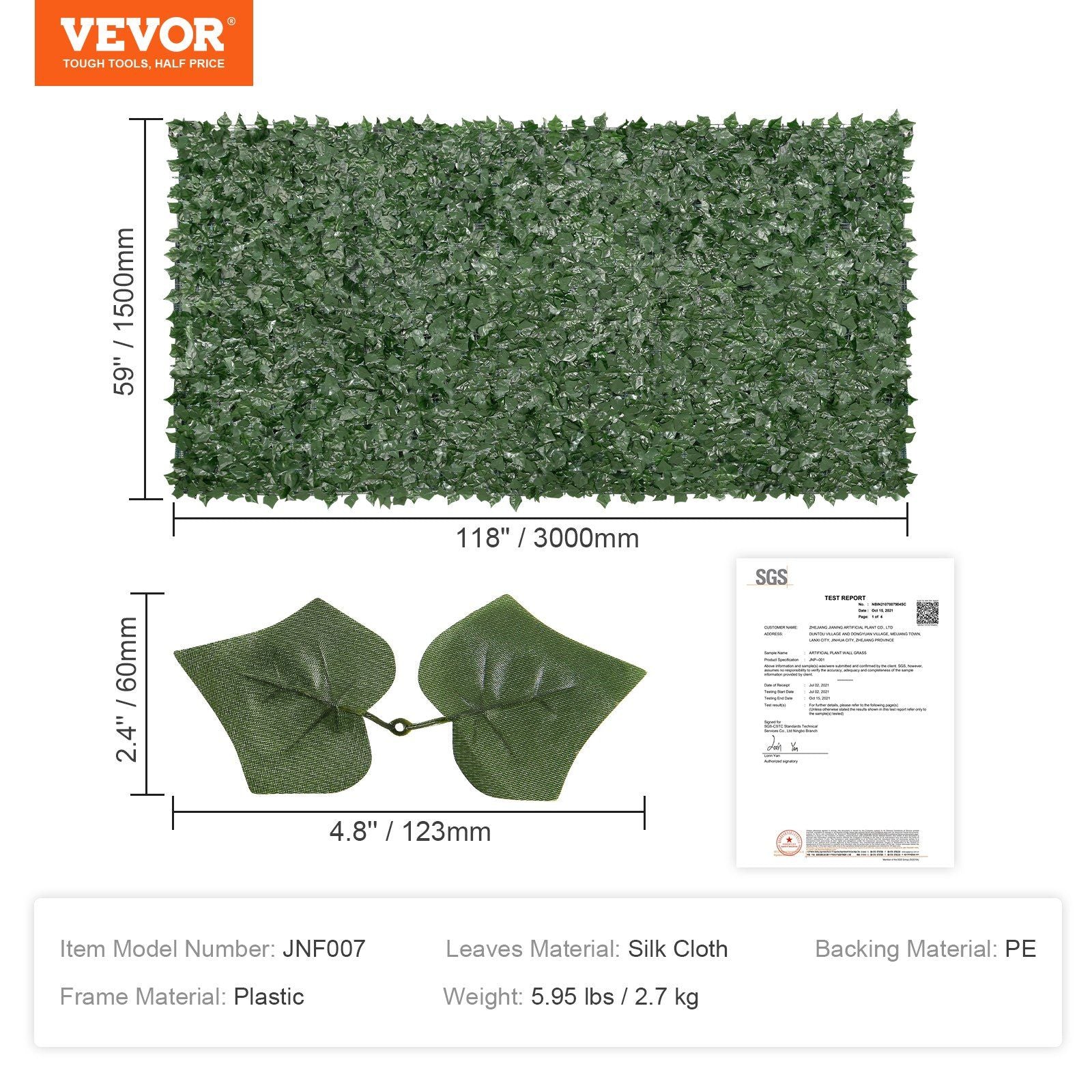 Vevor artificial ivy privacy fence panel 59 by 118 inches with silk cloth leaves and plastic frame