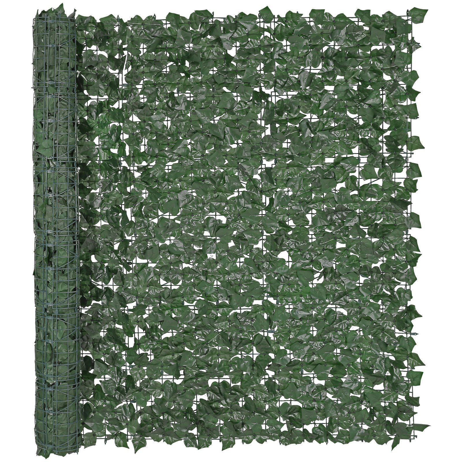 Green artificial ivy privacy fence panel with dense leaves on roll for outdoor privacy