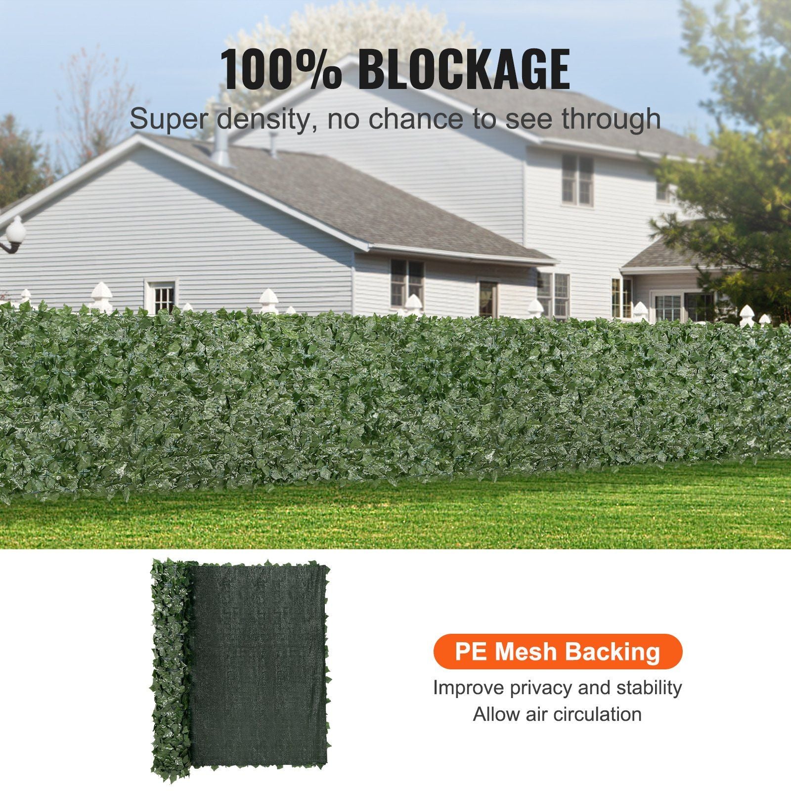 Artificial ivy privacy fence with 100 percent blockage and PE mesh backing for improved privacy and stability
