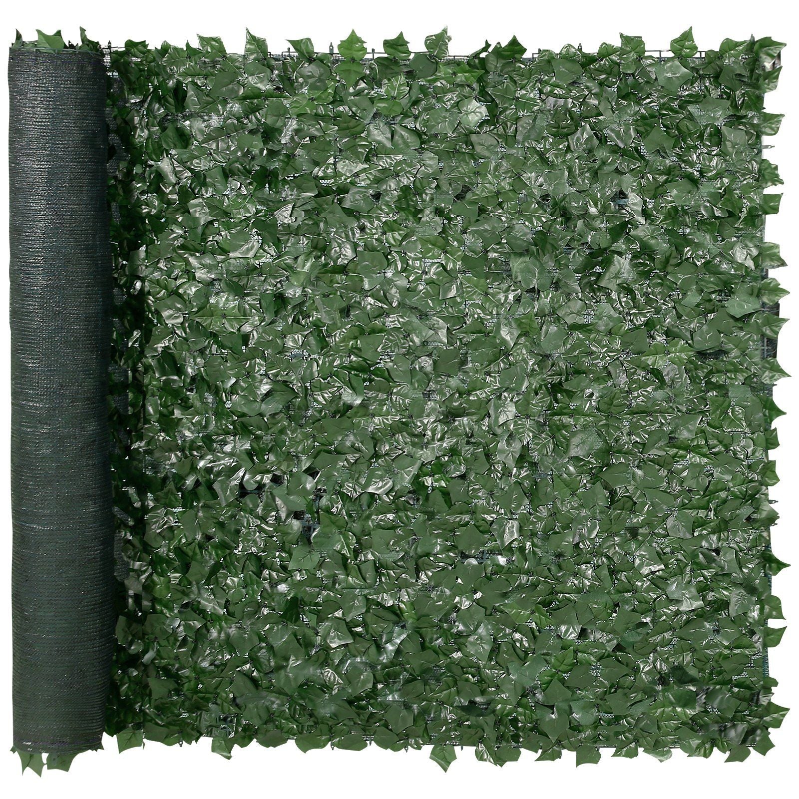 Roll of artificial ivy privacy fence with dense green leaves for outdoor privacy screening
