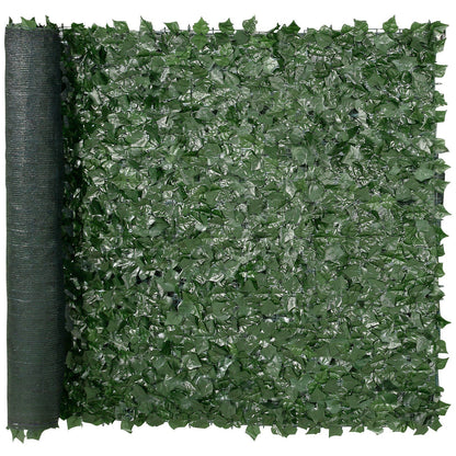 Roll of artificial ivy privacy fence with dense green leaves for outdoor privacy screening