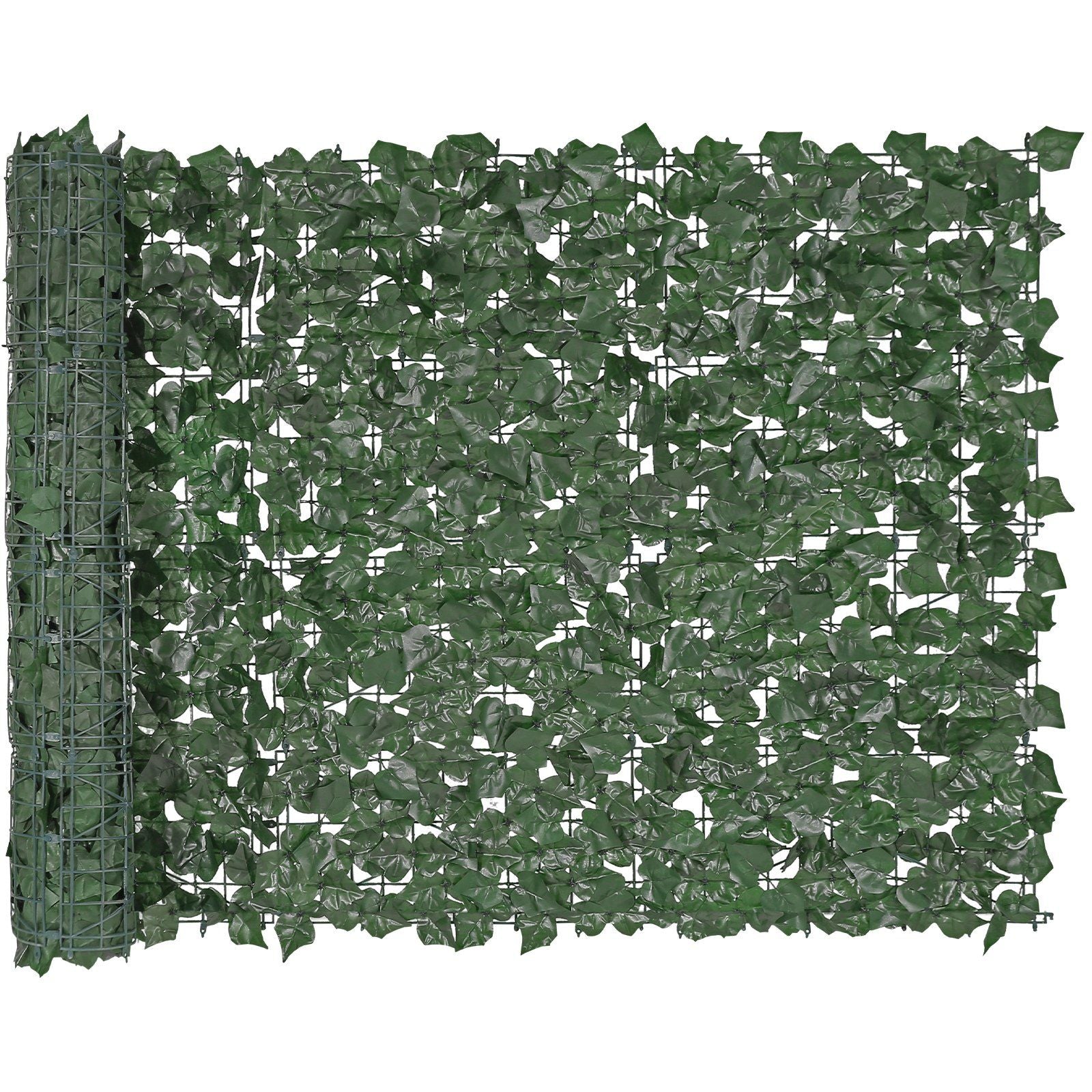 Roll of artificial ivy privacy fence with dense green leaves attached to a wire mesh backing