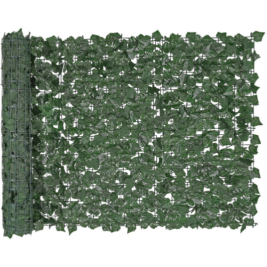 Roll of artificial ivy privacy fence with dense green leaves attached to a wire mesh backing
