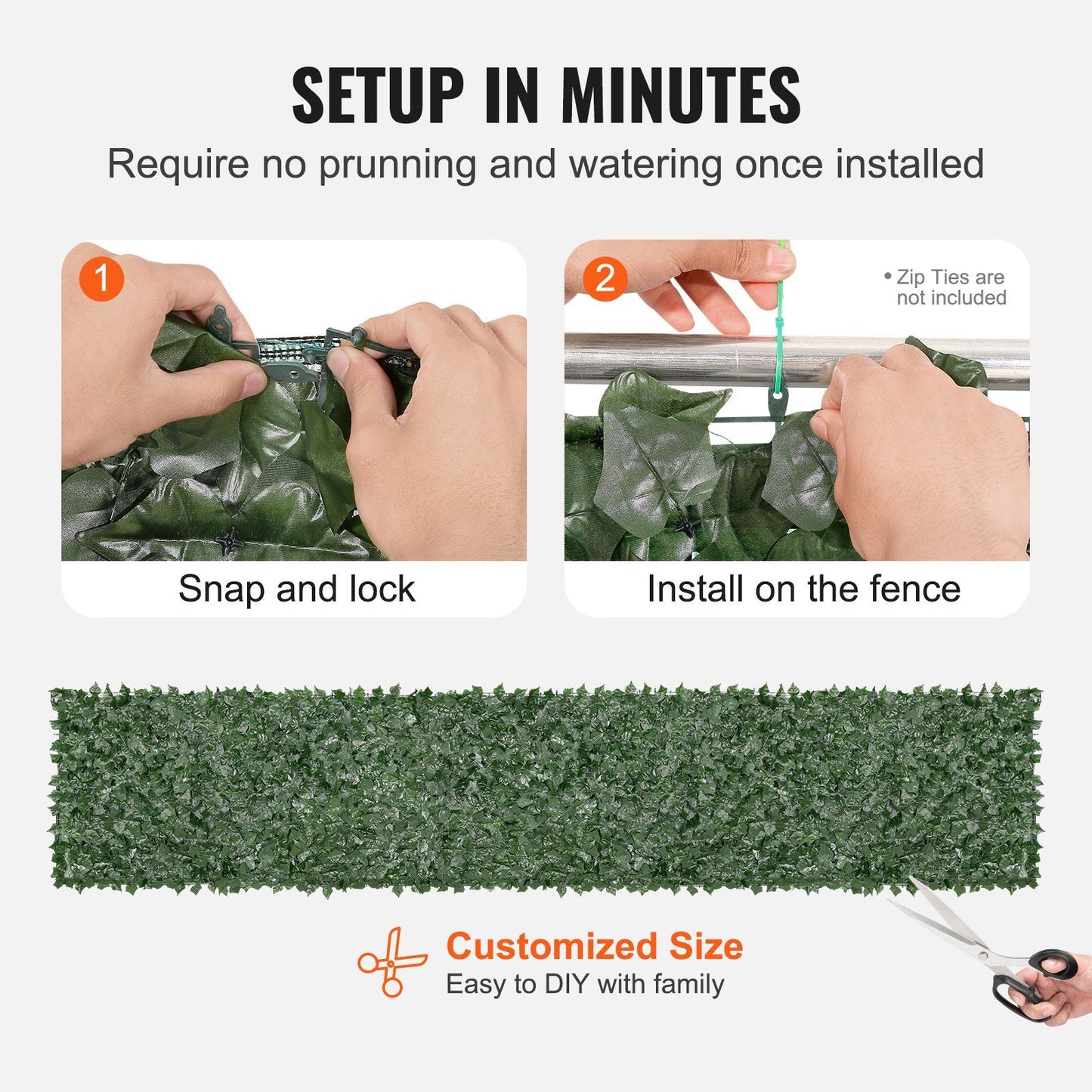 Artificial ivy privacy fence screen from FauxMart com showing easy snap lock installation and customizable size