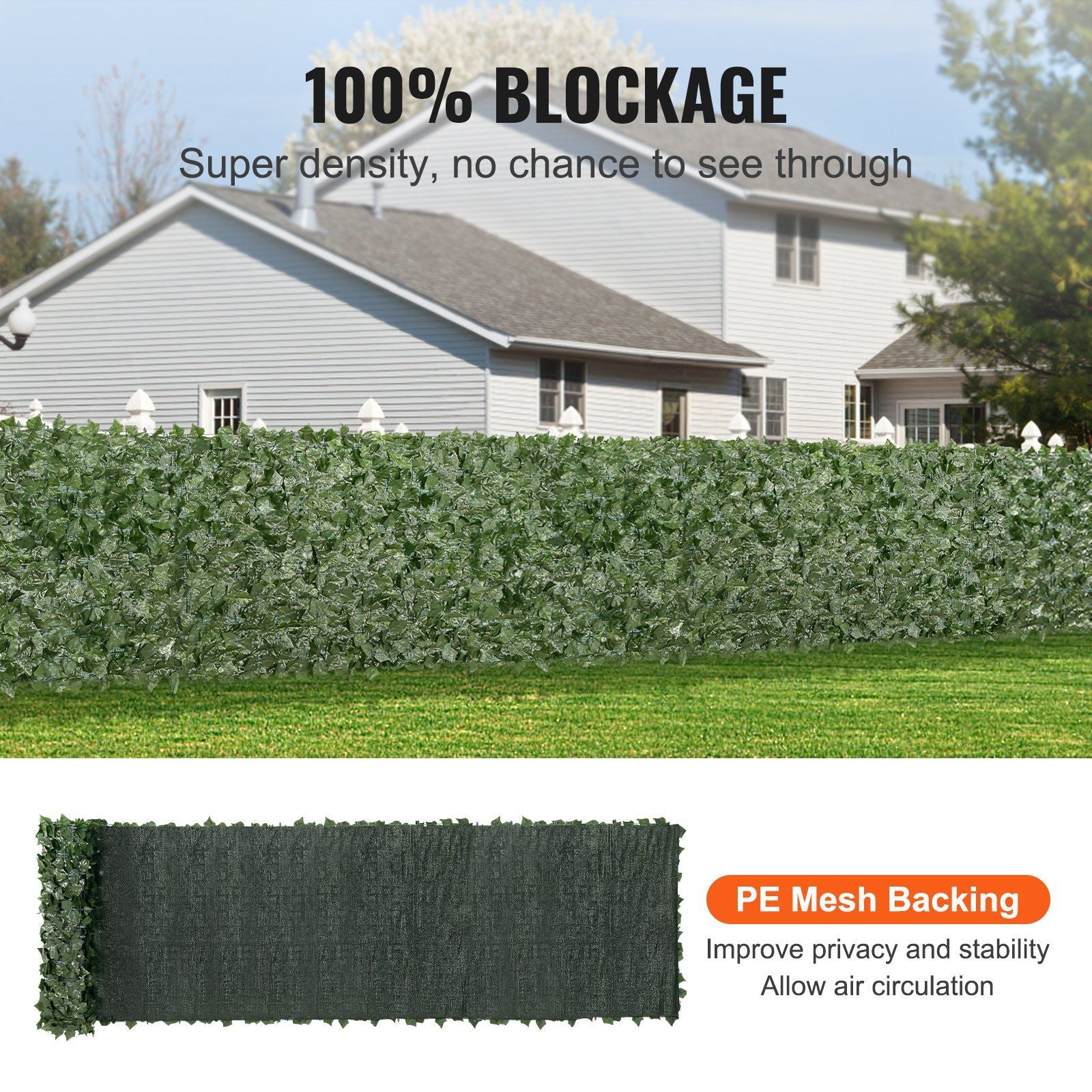Artificial ivy privacy fence screen with 100 percent blockage and PE mesh backing for enhanced privacy and stability