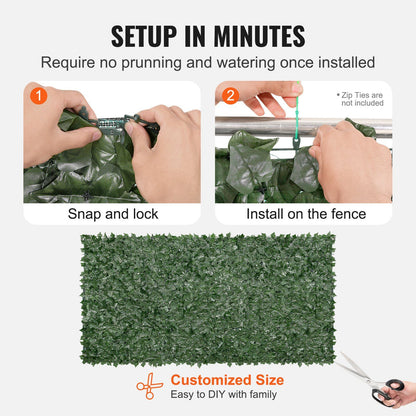 Artificial ivy privacy fence panel setup showing snap and lock installation on metal fence