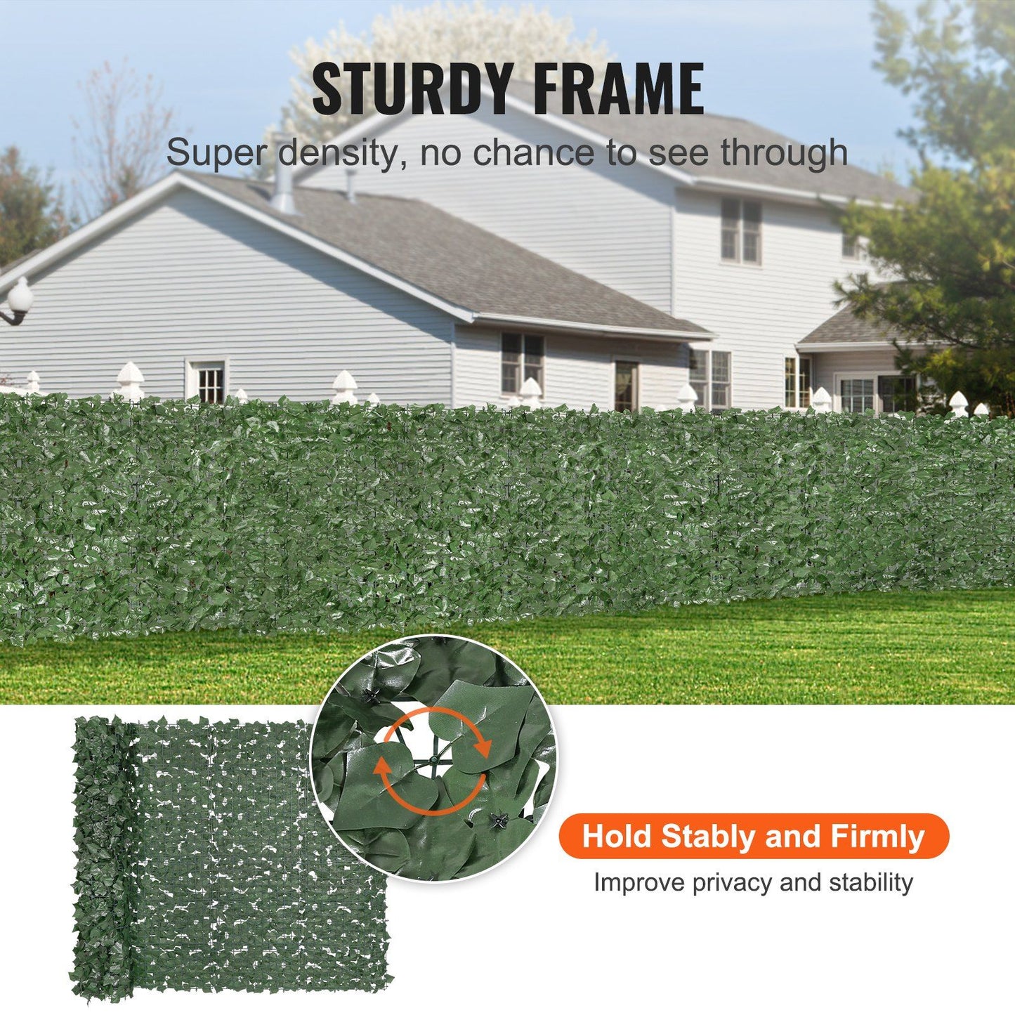 Artificial ivy privacy fence with sturdy frame and dense leaves for improved privacy and stability