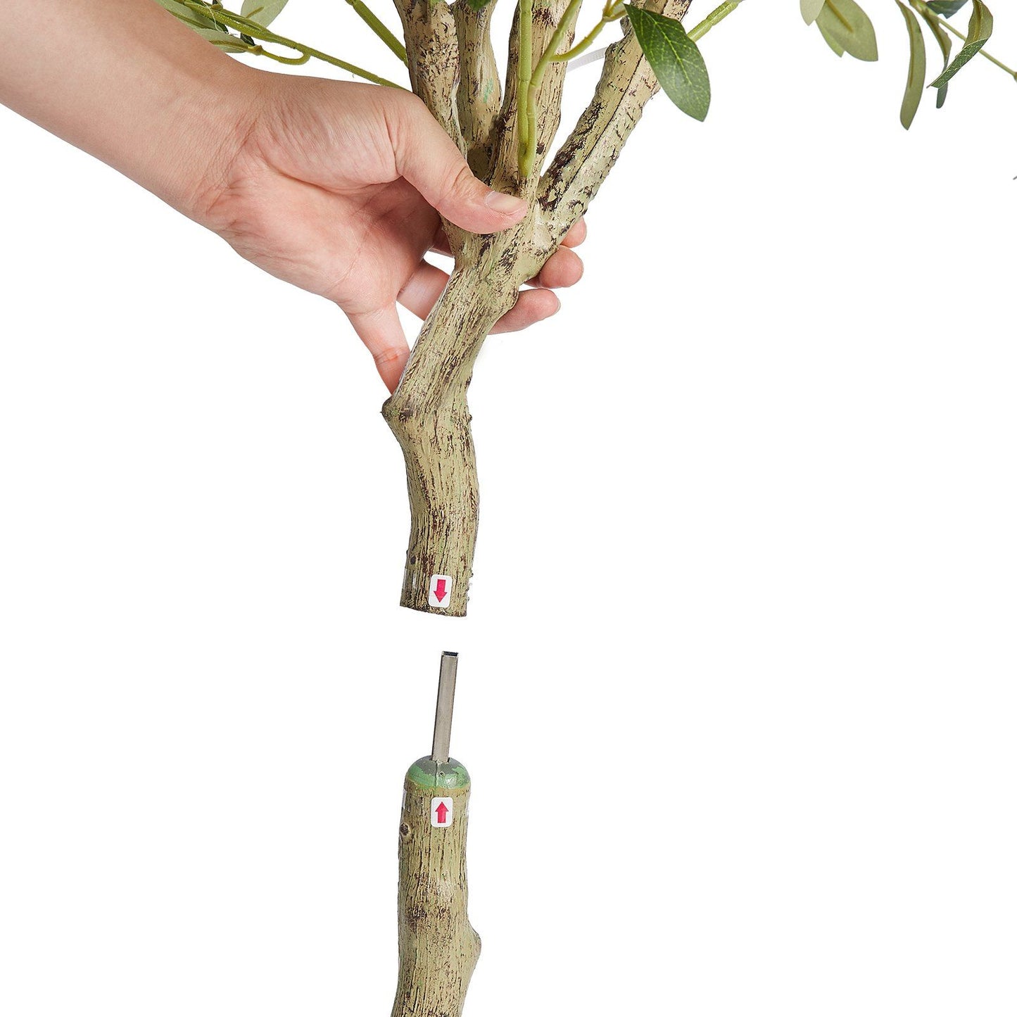 Hand assembling fauxMart.com artificial olive tree 5ft by connecting detachable tree trunk pieces