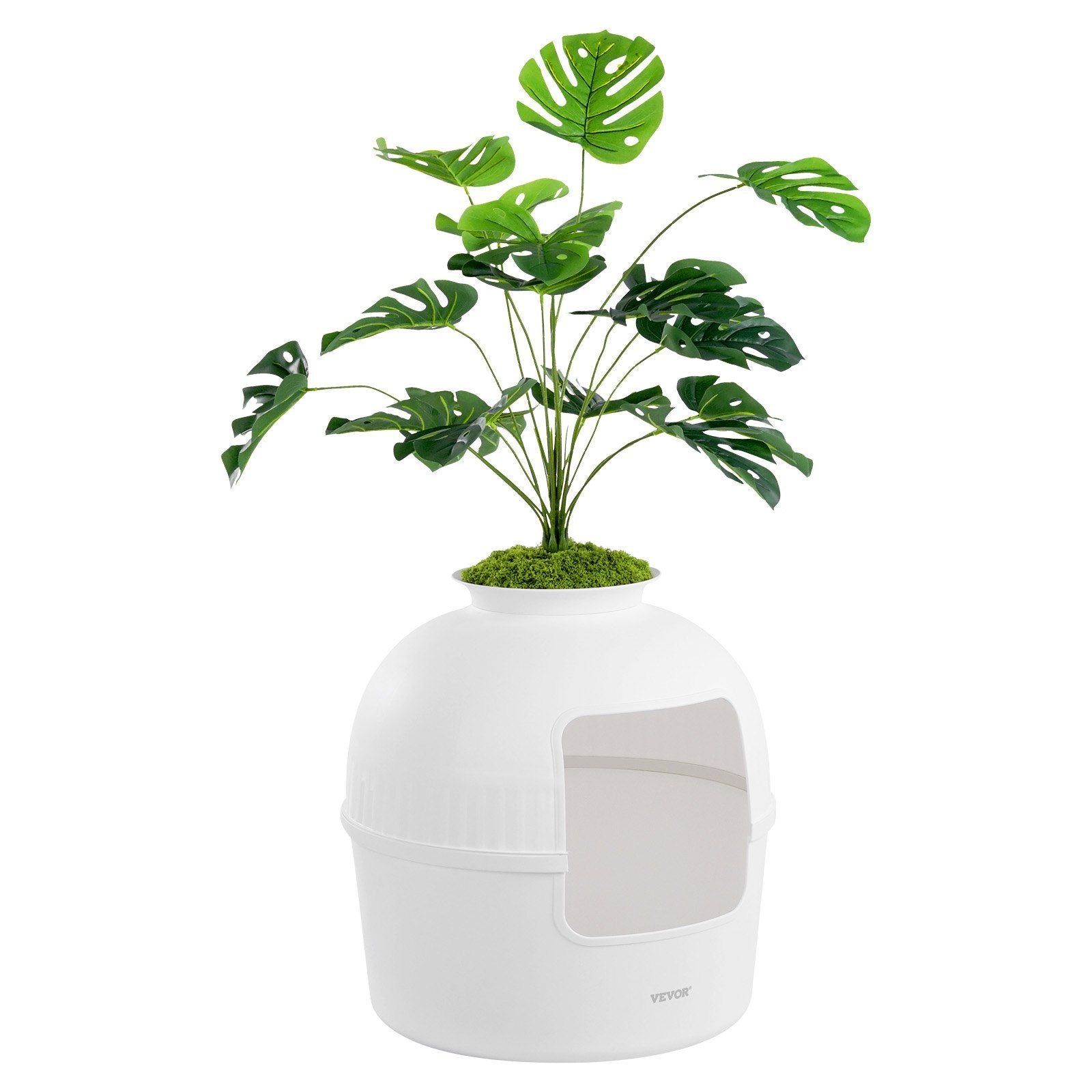 Stylish artificial plant litter box for cats with a modern design and lush green foliage on top