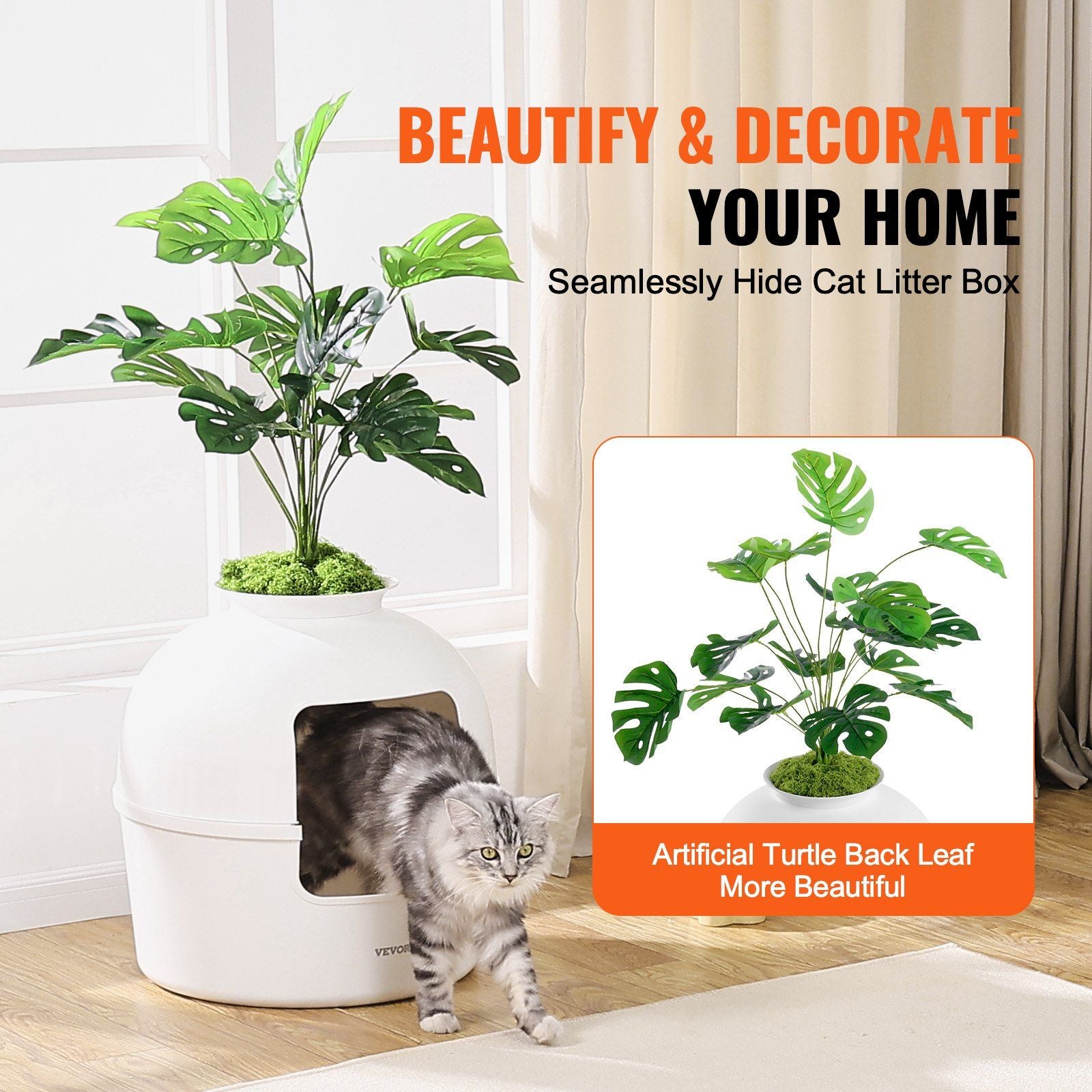 Artificial plant litter box for cats designed to blend into home decor with a Turtle Back Leaf design
