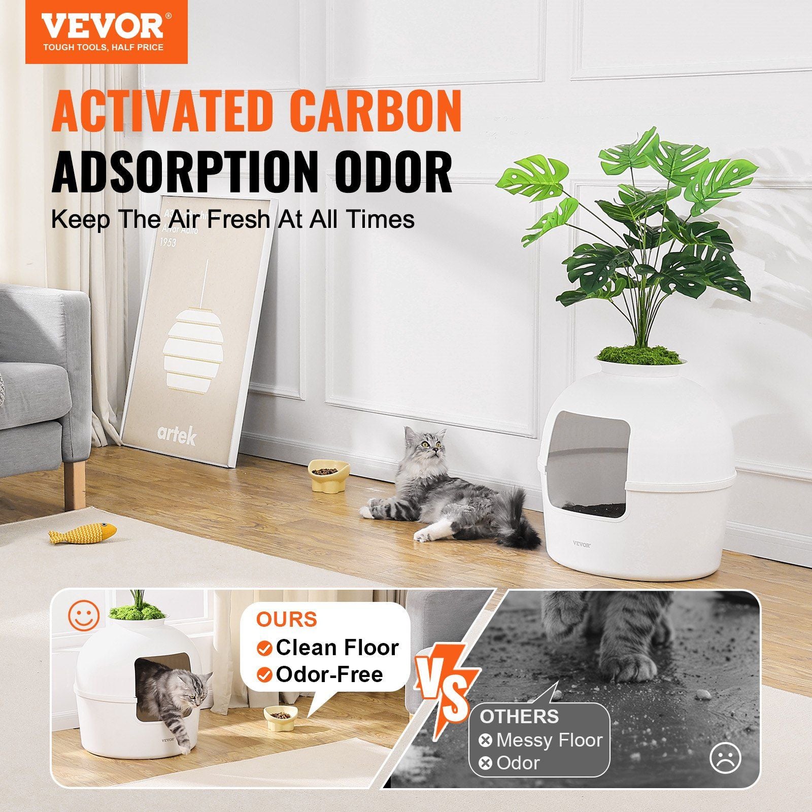 Stylish activated carbon odor control artificial plant litter box for cats in a modern living room setting