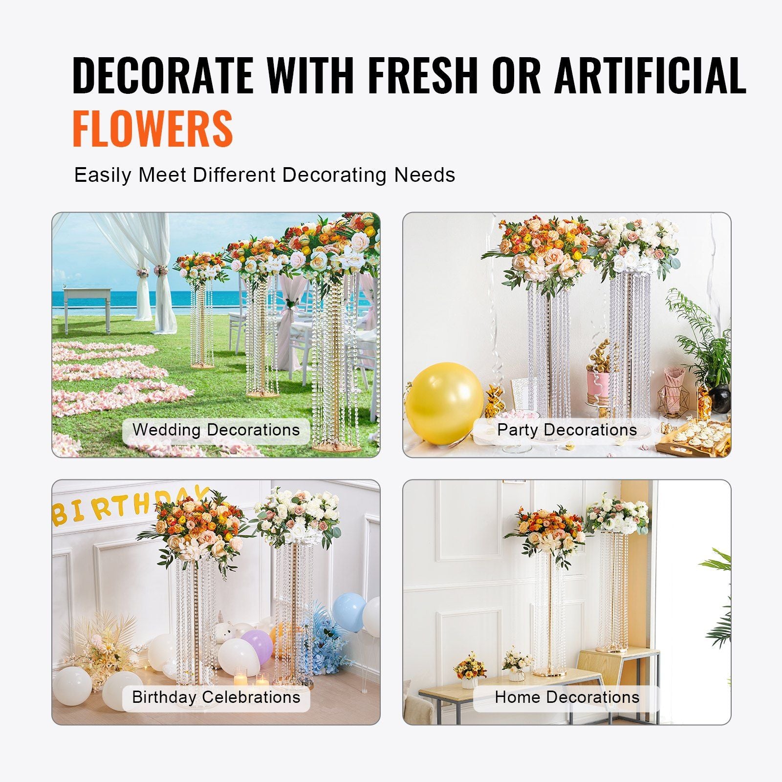 Crystal wedding flower stand decorated with fresh and artificial flowers for weddings parties and home decor