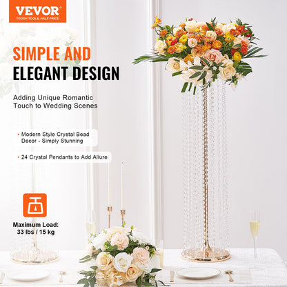 Elegant crystal wedding flower stand with cascading crystal beads and floral arrangement on top