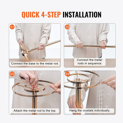 Step-by-step quick 4-step installation guide for crystal wedding flower stand with metal rods and hanging crystals