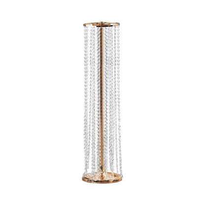 Elegant crystal wedding flower stand with gold frame and hanging crystal strands for event decor